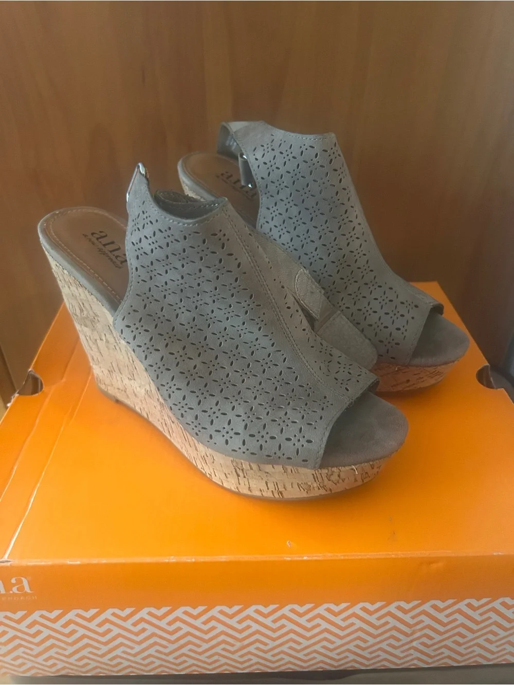 Anastasia Beverly Hills Gray Laser-Cut Peep Toe Platform Wedges